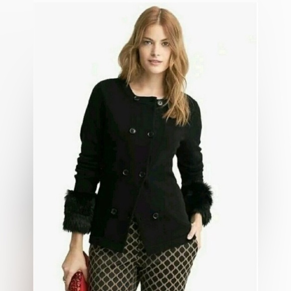 Banana Republic Sweaters - NWT Banana Republic Faux Fur Cuff Cardigan black fine Italian yarn size large